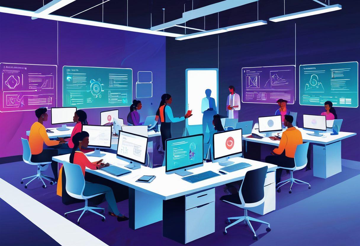 A dynamic scene depicting the web development process from brainstorming ideas to launching a website. Show diverse characters collaborating on design, coding, testing, and deploying a vibrant, modern website. Include elements like laptops, whiteboards, and digital devices in an innovative workspace. futuristic and sleek. vibrant colors. vector art.