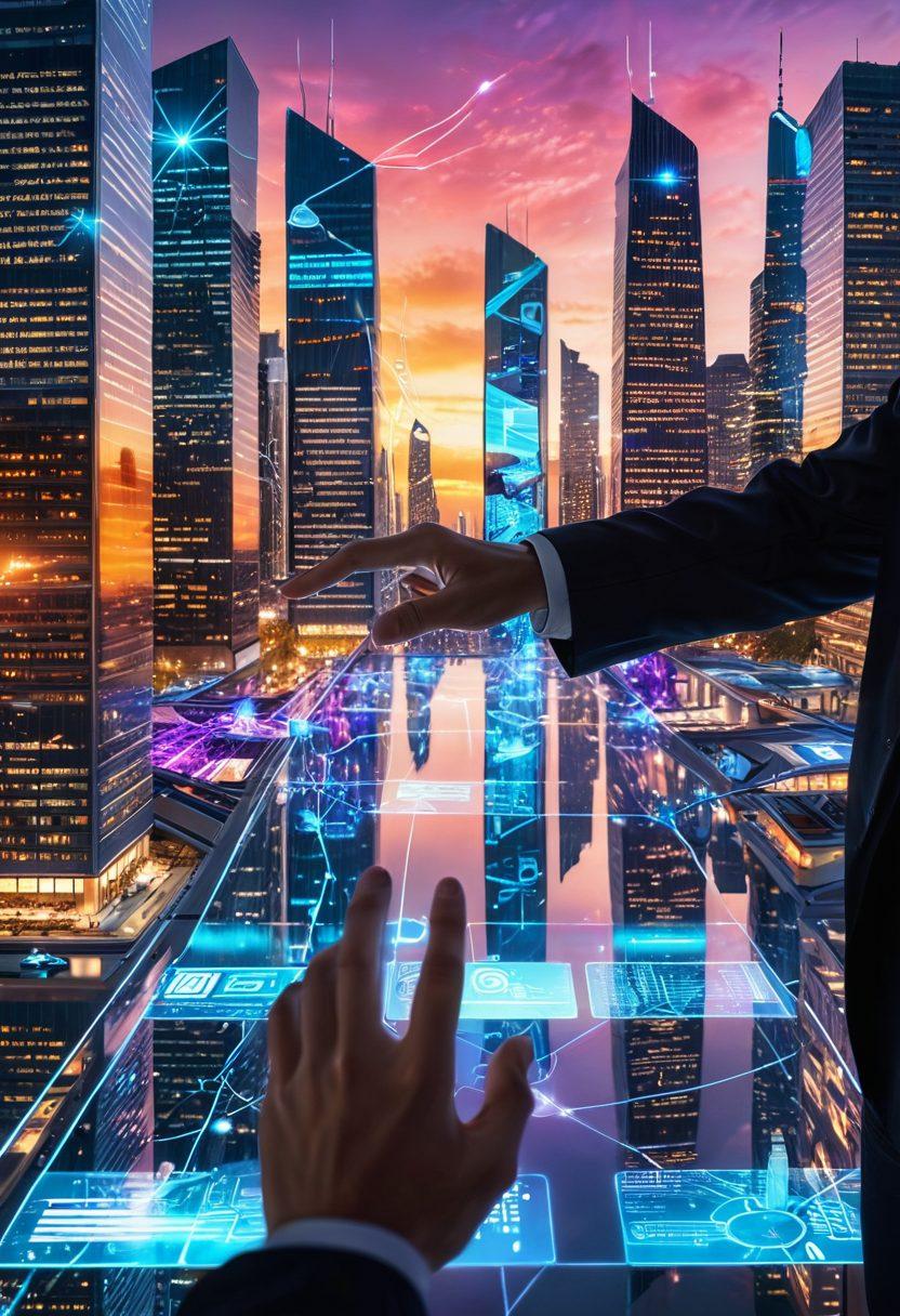 A futuristic cityscape with interconnected digital networks flowing through the air, various online platforms represented as holographic icons above modern skyscrapers, and a person in the foreground interacting with a touchscreen interface. The background showcases a sunrise, symbolizing new opportunities in the digital world. super-realistic. vibrant colors. 3D.